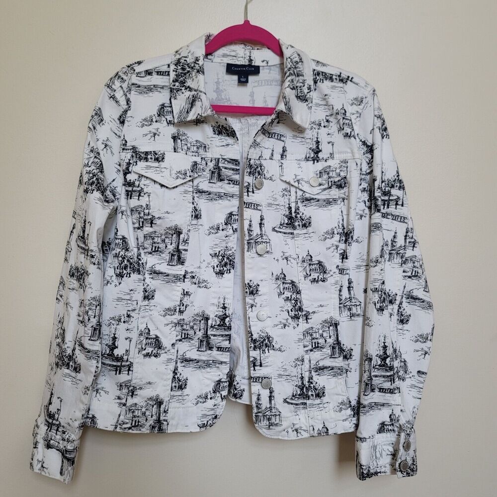 Charter Club Denim Jacket White Black Graphic En Plein Air French Design Sz L